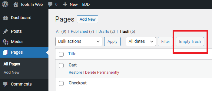 Empty Trash For Wordpress Pages