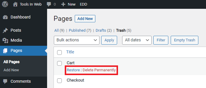 Restore Or Delete Pages In Wordpress