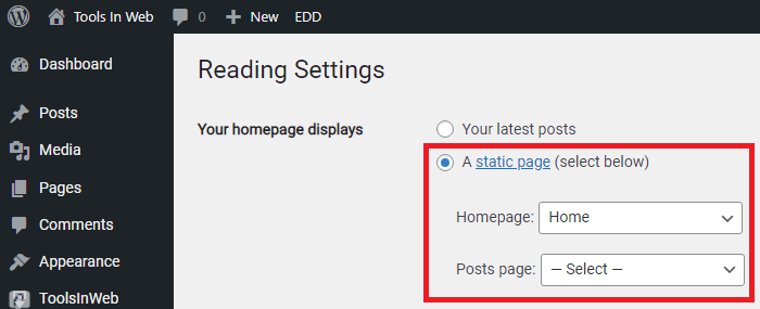 Select Page As Home Page Or Posts Page For Wordpress