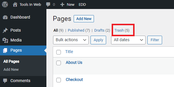 Trash For Wordpress Pages