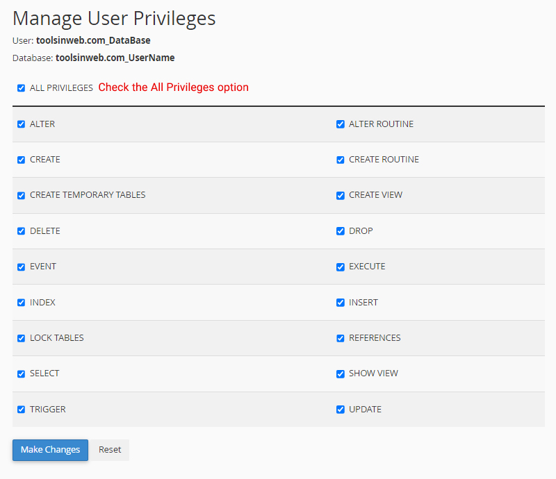 Check The All Privileges Option