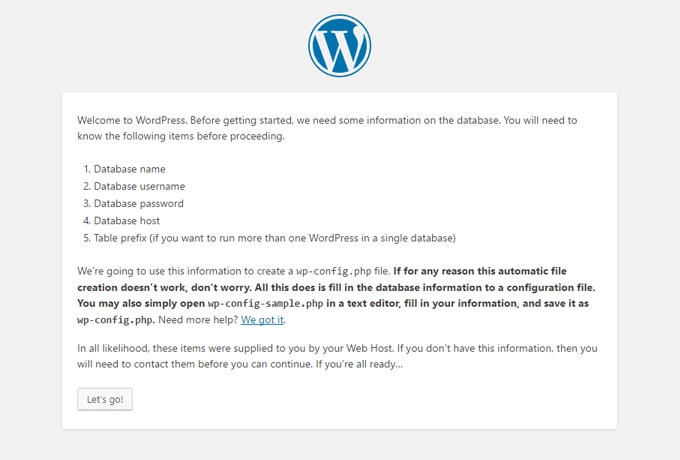 Click On Let’s Go Button For Install Wordpress